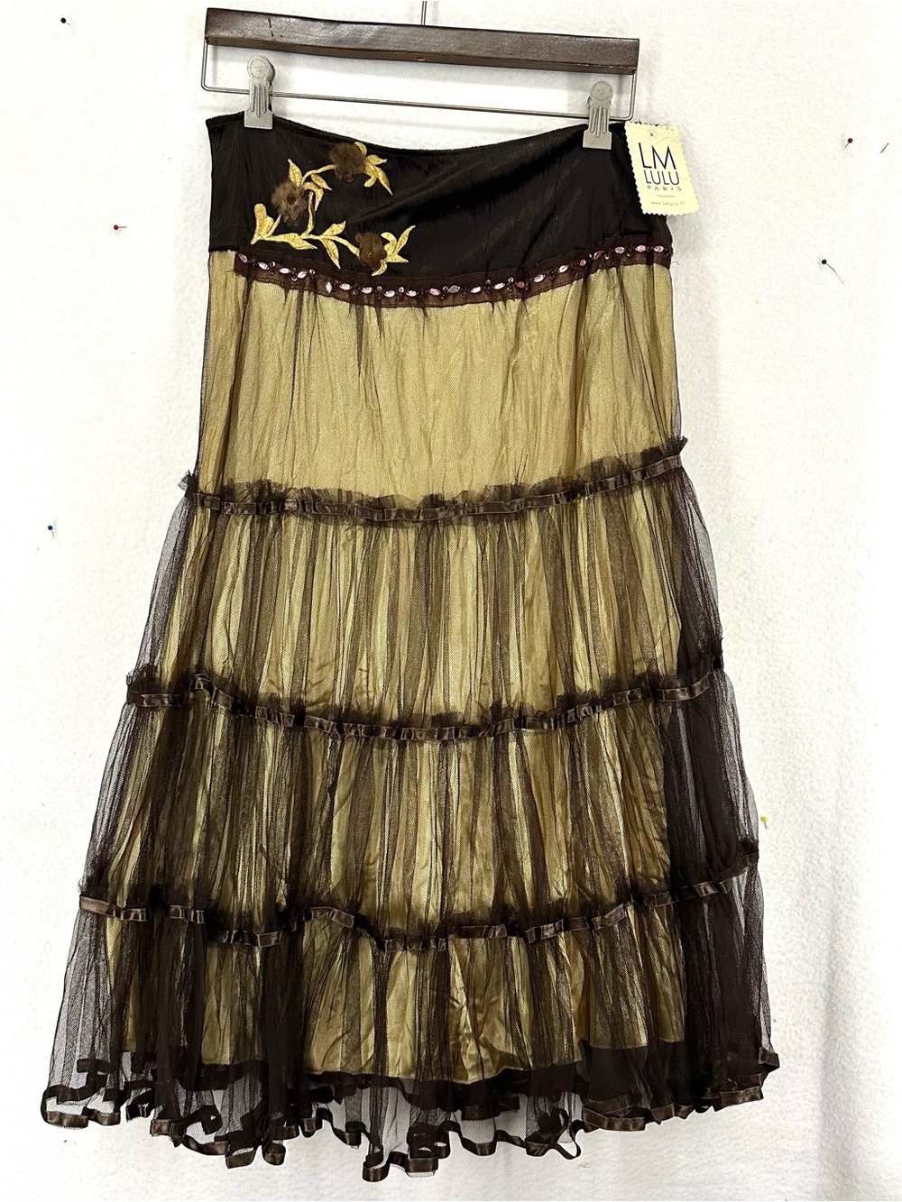 LM Lulu Paris Women’s S Brown Gold Embroidered Tulle Tiered Maxi Skirt NWT